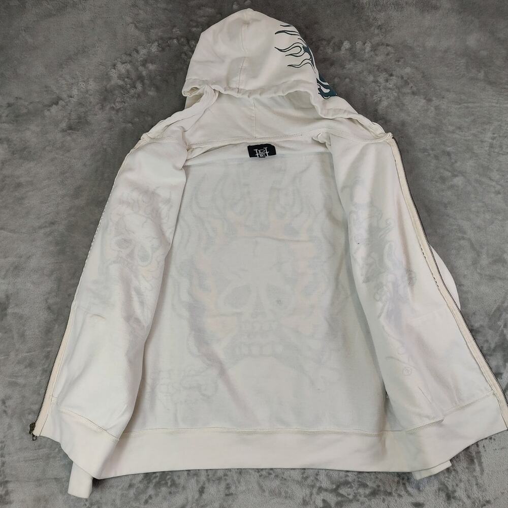 Don Ed Hardy Flame Skull Men's White Full Zip Up Hoodie Size Large - Picture 2 of 10